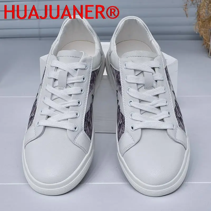 Men's Shoes Breathable Leather Casual Shoes Male Flats China Version Ink Painting Of The Trend Of Students White Sneakers Shoes