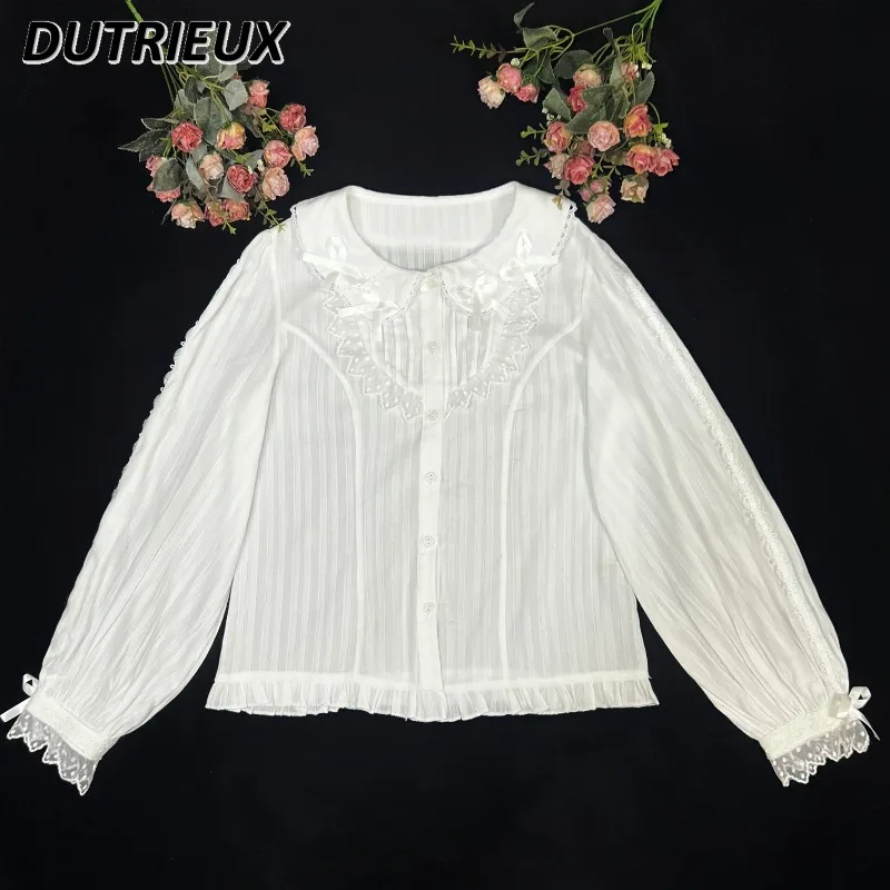 Original Lolita Cotton Bow Long Sleeve Inner Shirt Autumn Winter Versatile Blouse Doll Collar Sweet Cute Girls Slim Top