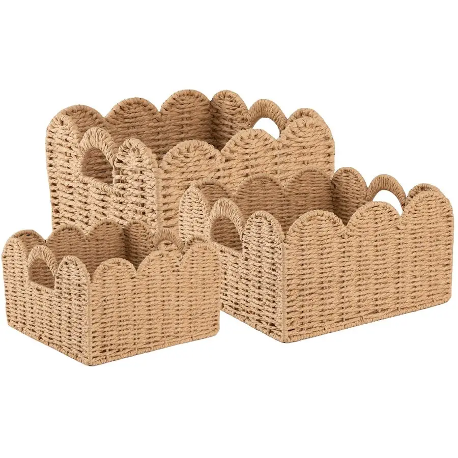 

Scalloped Wicker Baskets, Handwoven Storage Baskets with Builtin Handles, Paper Rope Shelf Baskets for Organizing and Decoratio