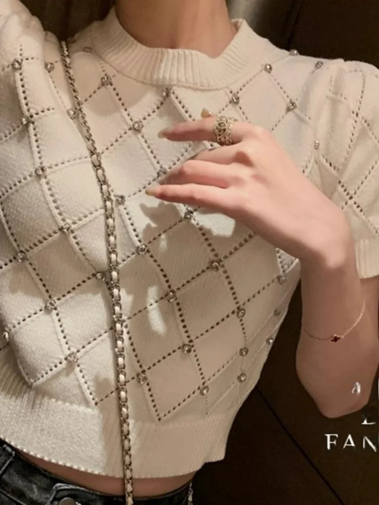 Cseta de punto de manga corta de cintura alta ajustada para mujer, Top de cuello redondo de longitud Regular con diseño de...