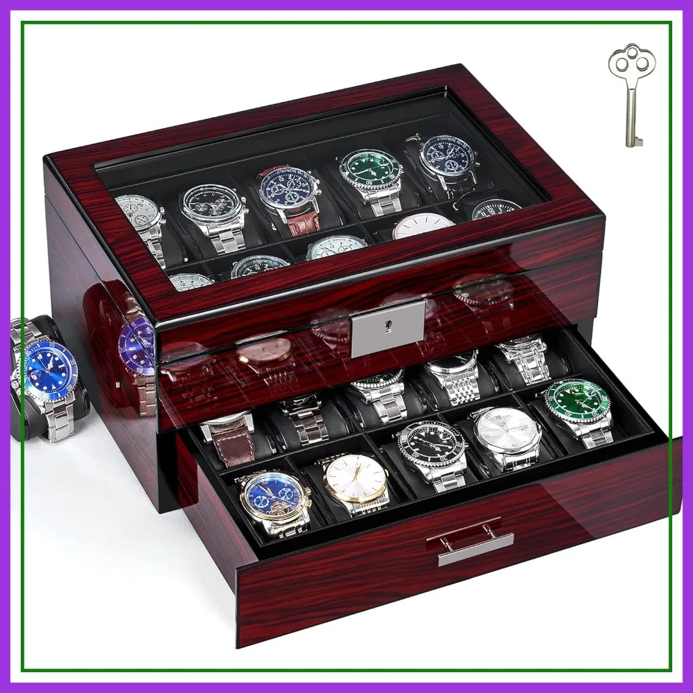 

20 Slot Watch Box with Glass Lid Lockable Wooden Display Case Organizer for Men