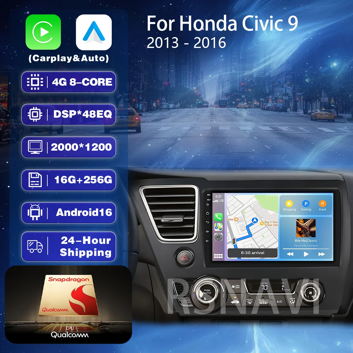 Autoradio multimédia Android 16 Carplay Auto pour Honda Civic 9 2013 - 2016 Navigation GPS Stéréo 2din