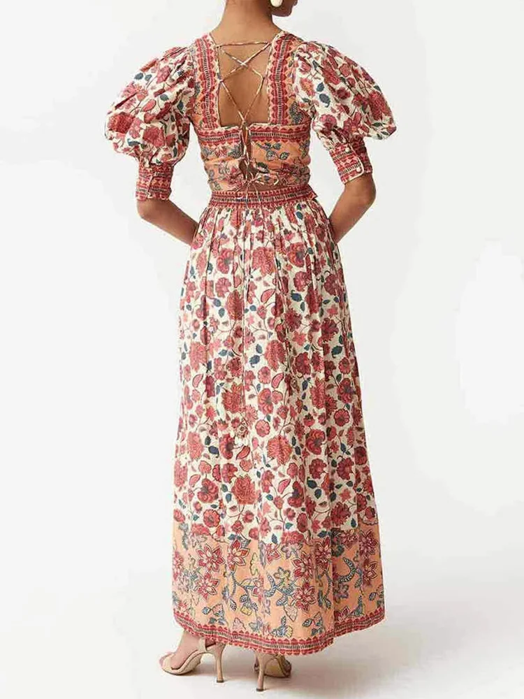 Retro Square COLLAR Lacing UP เสื้อ TOP Patchwork ชุดผู้หญิงฤดูร้อน Maxi กระโปรง 2 ชิ้นชุด, 2025 พัฟแขน Chic Lady ชุด