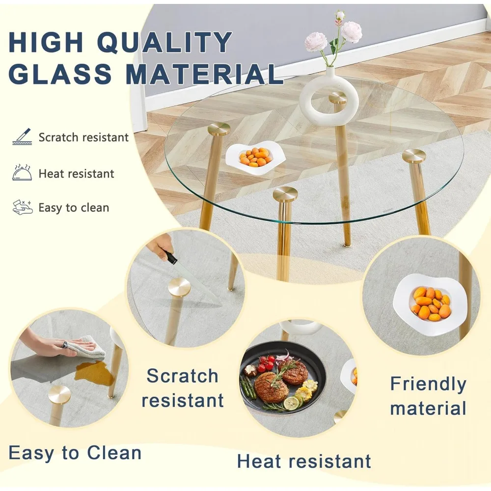 طاولة طعام زجاجية مستديرة، طاولة مطبخ مستديرة حديثة لـ 4 أشخاص، طاولة مطبخ ذهبية مع سطح زجاجي سميك 0.31 بوصة، غرفة طعام صغيرة Ta