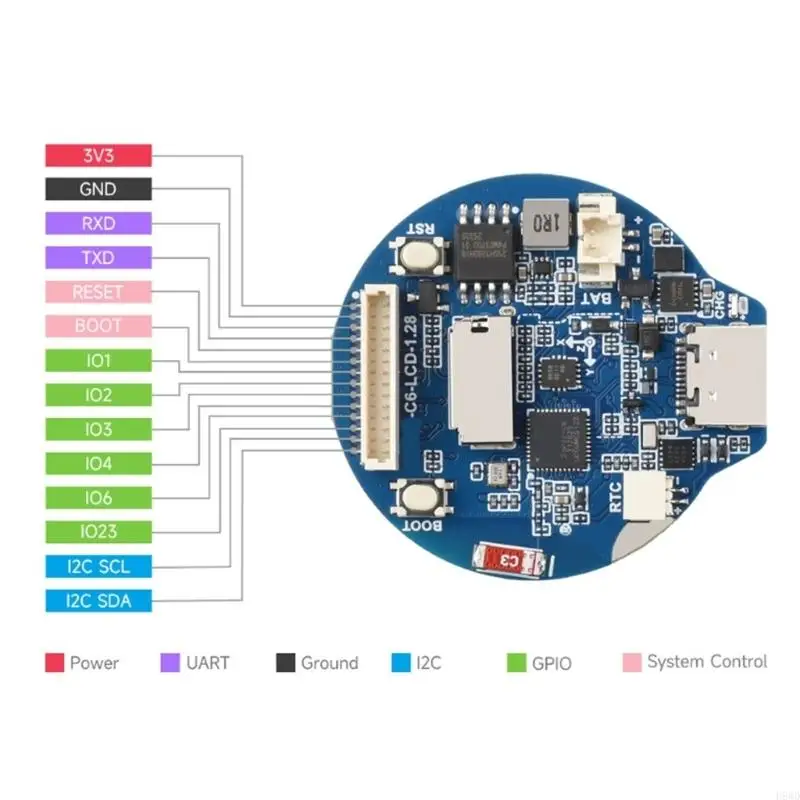 Wireless Development Board with Thread, Round LCD, External Flash, QMI8658 Motion Input, PCF85063 Clock, and 14-Pin Header H8WD