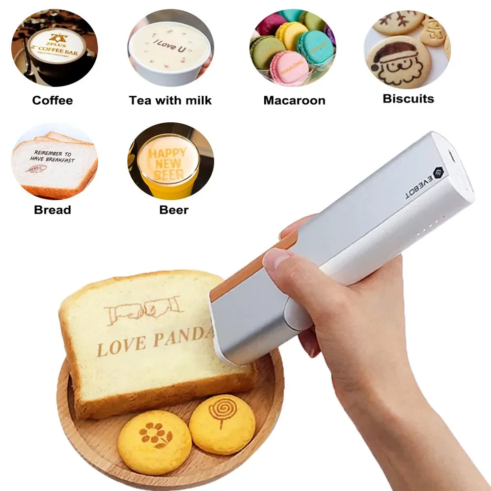 EVEBOT Printpen طابعة الطعام المحمولة المحمولة طابعة نافثة للحبر القهوة الصغيرة لتصميم نمط DIY مع مسطرة مناسبة للمقاهي