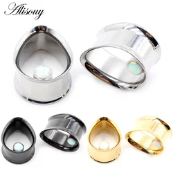 Alisouy 2pcs Stainless Steel Water Drop Opal Stone Ear Tunnels Plugs Expanders Stretchers Gauges Earrings Piercing Body Jewelry
