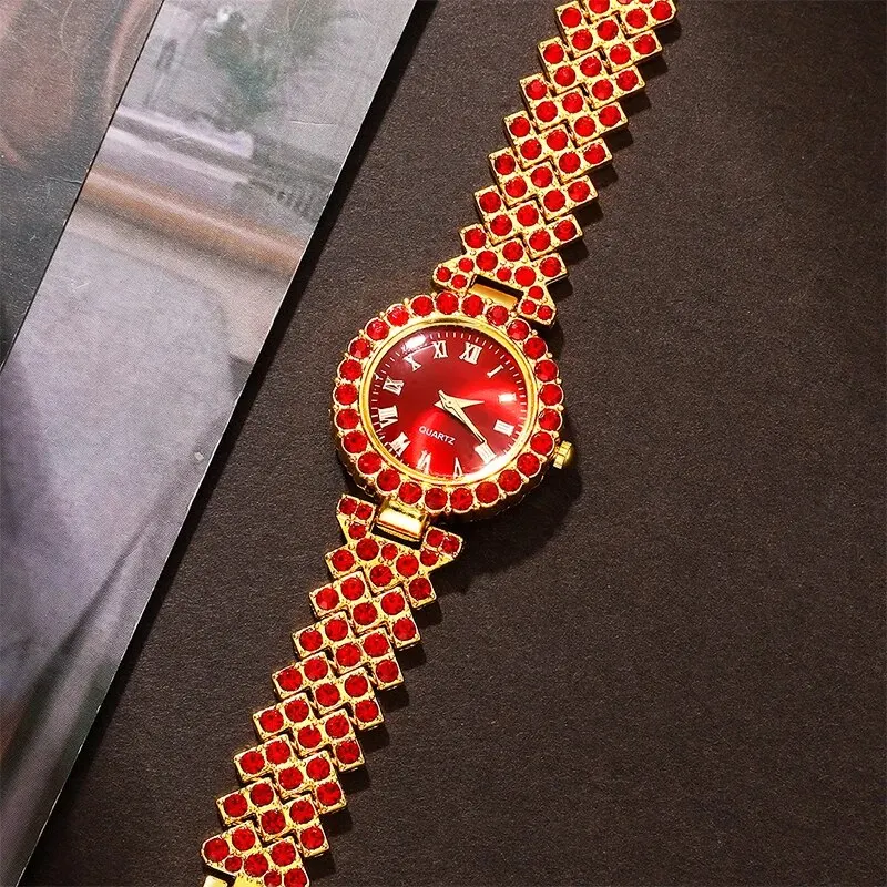 Women\'s Red Watch Ring Necklace Earrings Bracelet Set Rhinestone Fashion Wristwatch Female Casual Ladies Quartz Watches