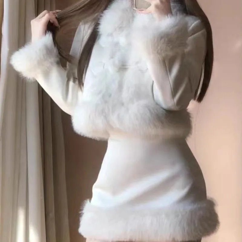 Sweet Style Elegant New Autumn and Winter Fashion Furry Collar Fuzzy Two-piece Set Women's Short Jacket and Skirt Suit