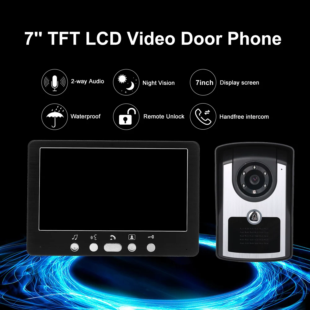 7 inch Monitor HD Camera Video Door Phone Color Doorbell Intercom System IR Night Vision Wired Doorbell Camera Waterproof