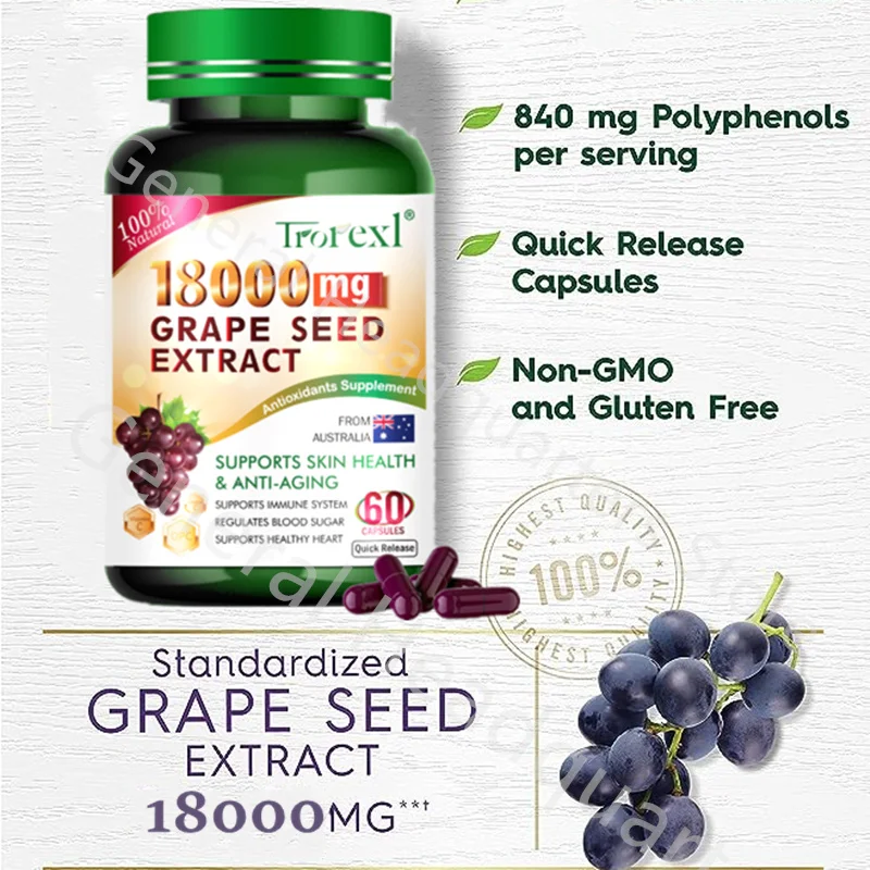 Trorexl 60Pc Organic Grape Seed Extract Supplement 18000mg, proanthocyanidins to maximum health benefits,Non-GMO, All-Natural