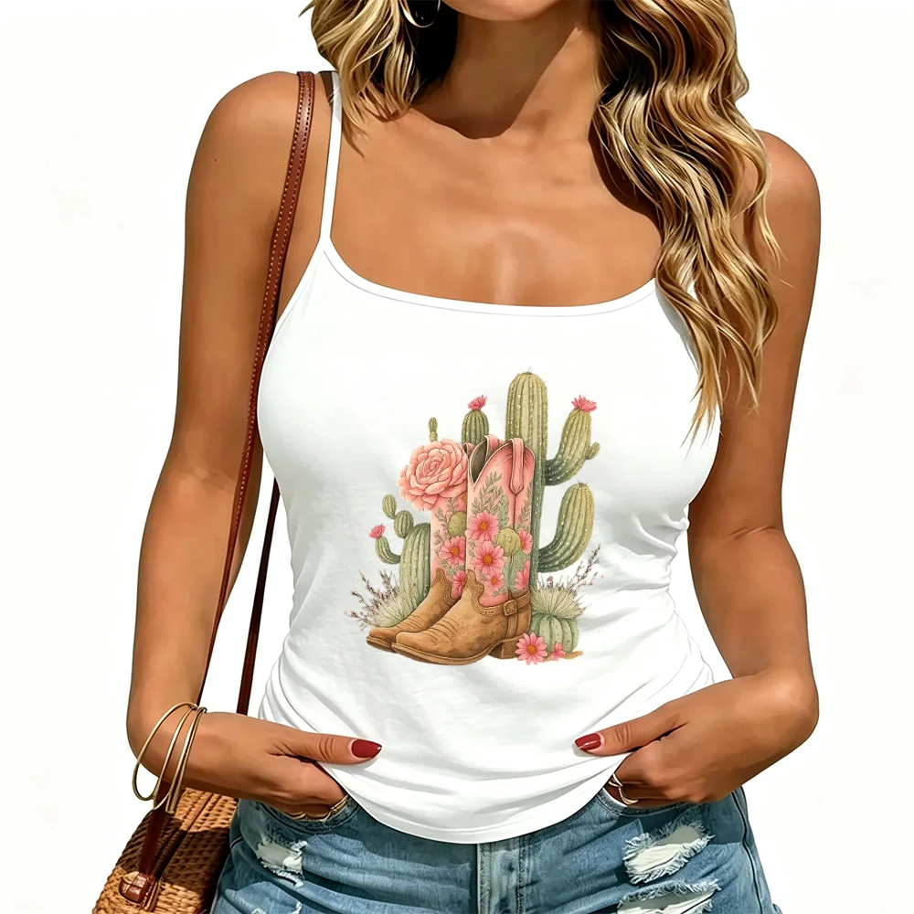 Camisola con estampado de botas de vaquero para mujer, camisetas sin mangas con motivos florales y de cactus, ideal para ir al rancho, montar a caballo, viajar por carretera, hacer una barbacoa en el jardín, para las vacaciones y como prenda de vestir.