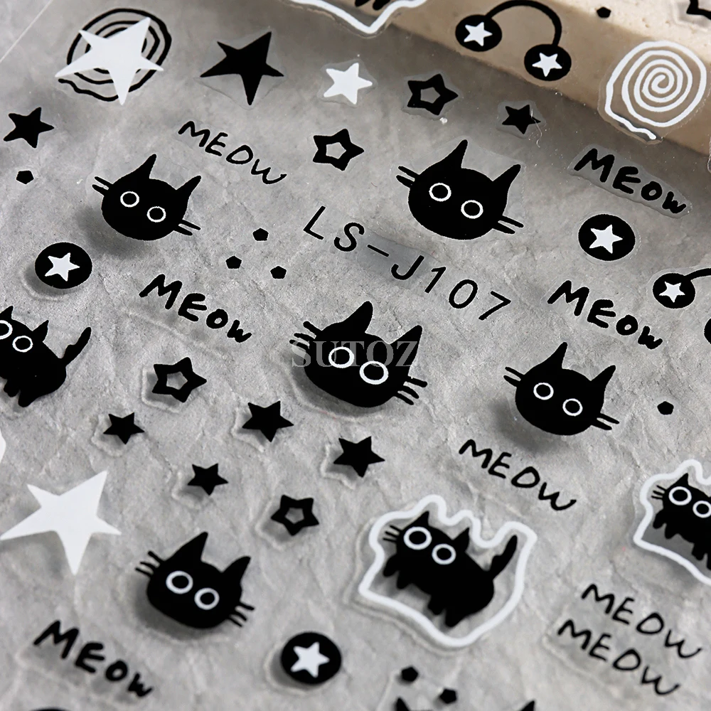 3D Black Cartoon Cute Cat Nail Stickers Cat Stars Letters Nail Sliders Y2K Korean Japanese Nail Art Manicure Decors NLLS-J107