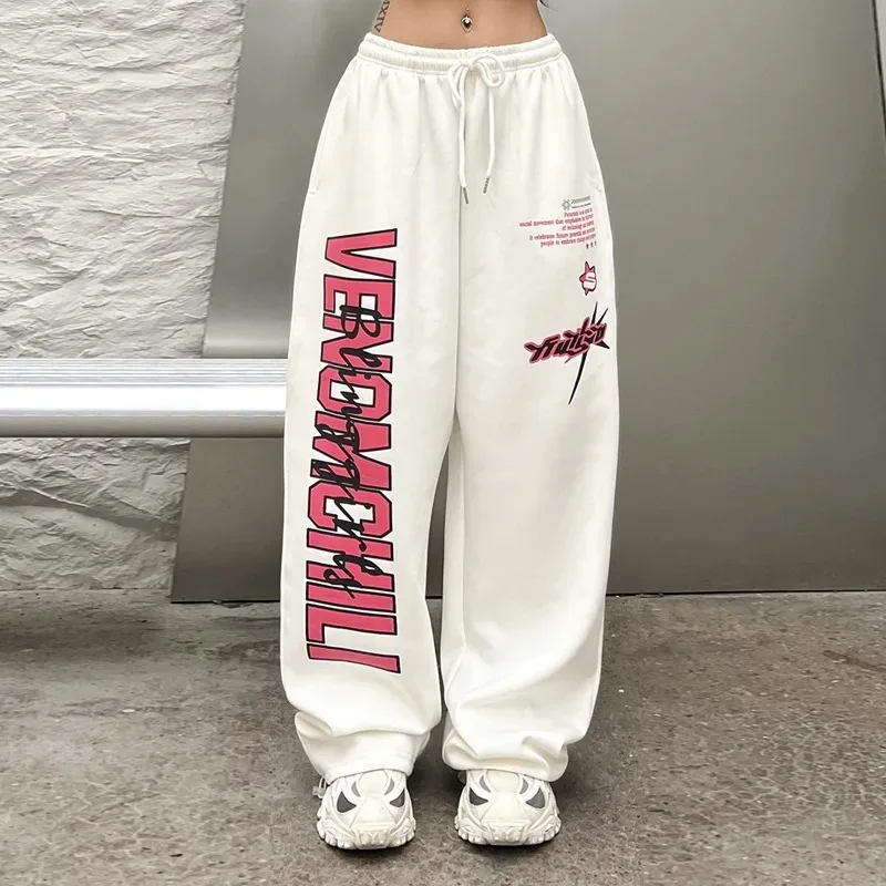 

Spring and Autumn American Wide Leg Sweatpants Women's Harajuku Hip Hop Y2K Printed White Jazz Dance Sports Drawstring Trousers