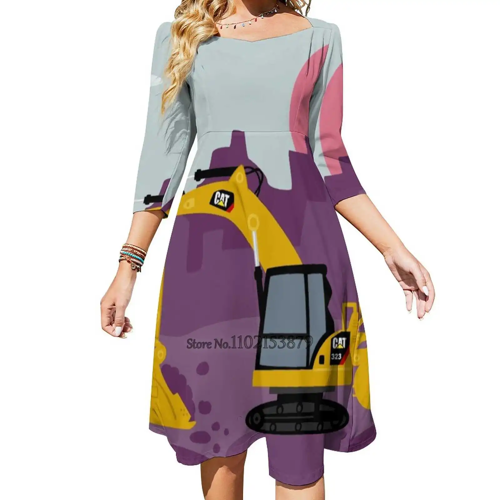 Excavator Square Neck Dress Summer Dress Women Elegant Halter Print Dress Excavator Landscape Job Sun Machinery Industry Nature