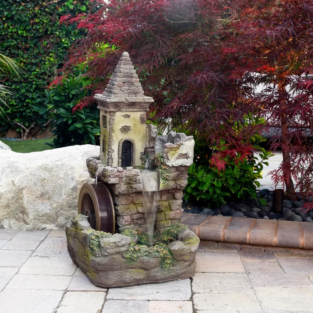 Outdoor Tiered Fountain, Fairy Castle Waterwheel Design, Realistic Stone Look, Thirty Five Inches, Brown Finish