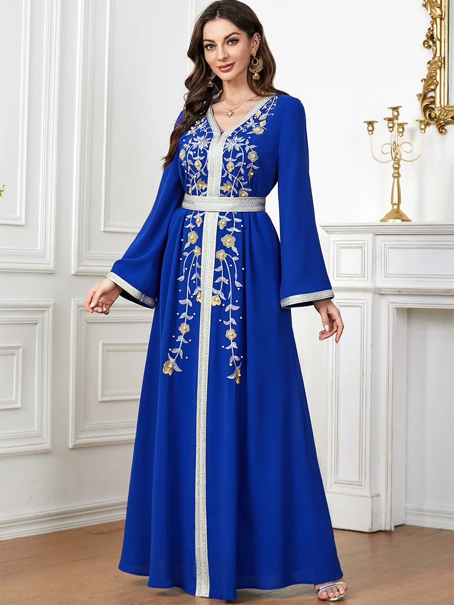 Siskakia Fashion Ethnic Abayas For Muslim Female Solid Embroidery Beading Full Sleeve V-Neck Tunic Robe Morocco Dubai Clothing