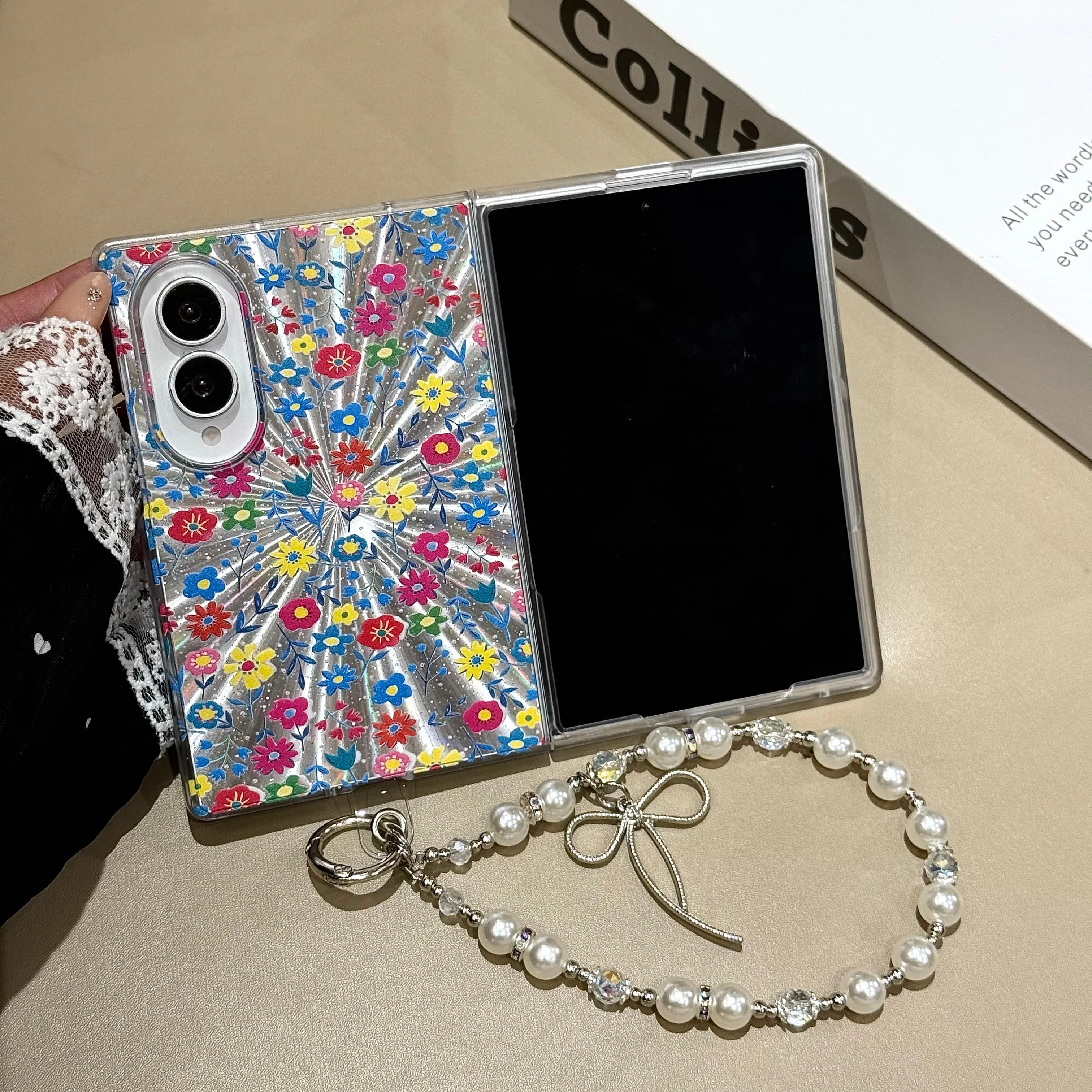 Silver Glitter Floral Foldable Phone Case For Samsung Galaxy Z Fold 8 Ultra 7 6 5 4 3 Flower Cover With Pearl Bow Wrist Strap