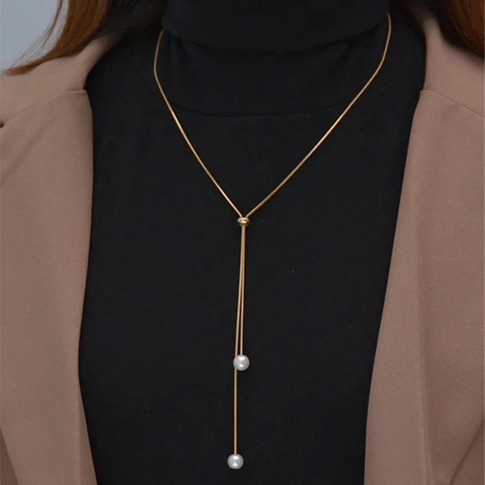 Trendy Gold Long Tassel White Pearl Necklace for Women Chic Y Shape Collarbone Chain Creative Adjustable Neck Chain for Ladies