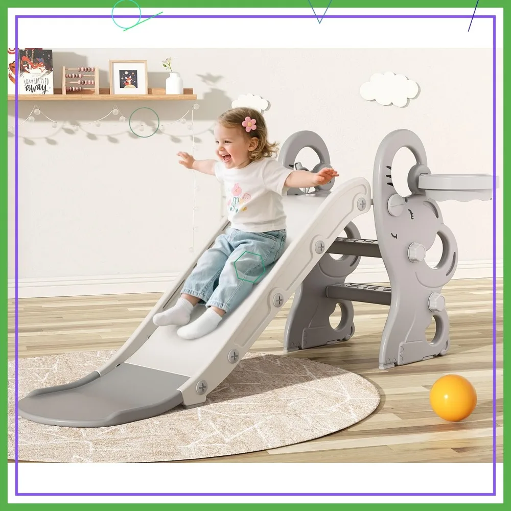 Corrediça dobrável para crianças com cesta de basquete e lançamento de anel, conjunto de jogos interno e externo para crianças de 1 a 3 anos