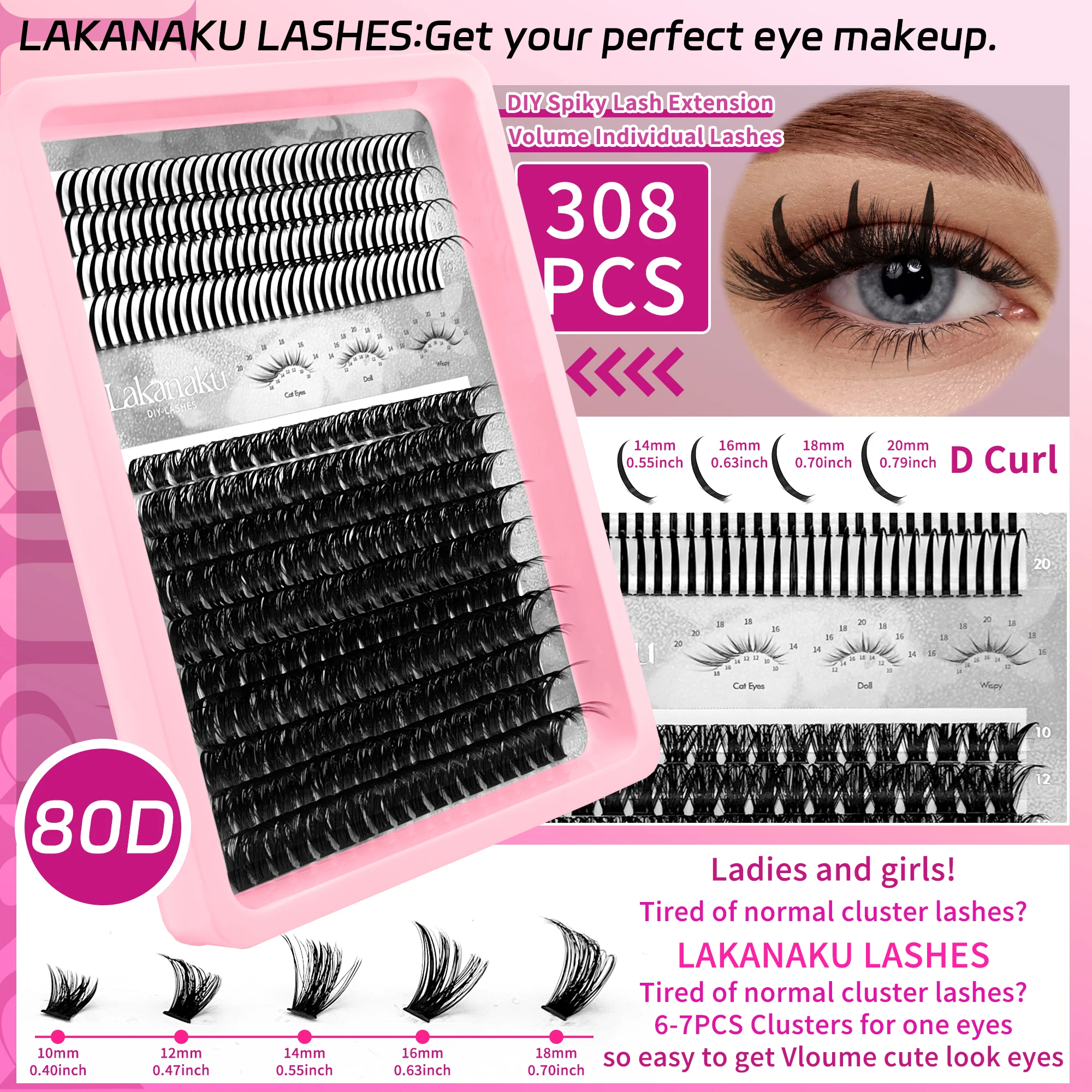 LAKANAKU Faux Cils Volumen Russe ciglia finte ciuffetti Manga-Wimpern Cluster flauschige Cluster-Wimpern wispy mit Spikes und Unterteilen