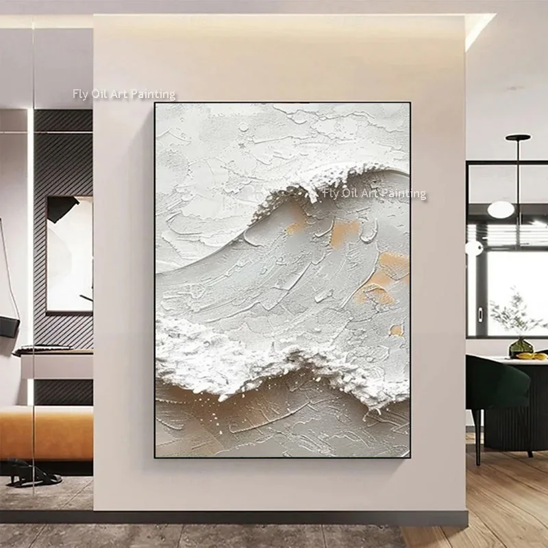 Simplism Artwork Large Set Of Two Grey White Sea Waves Wall Art New Design Knife Thick Oil Painting On Canvas For Room Decor