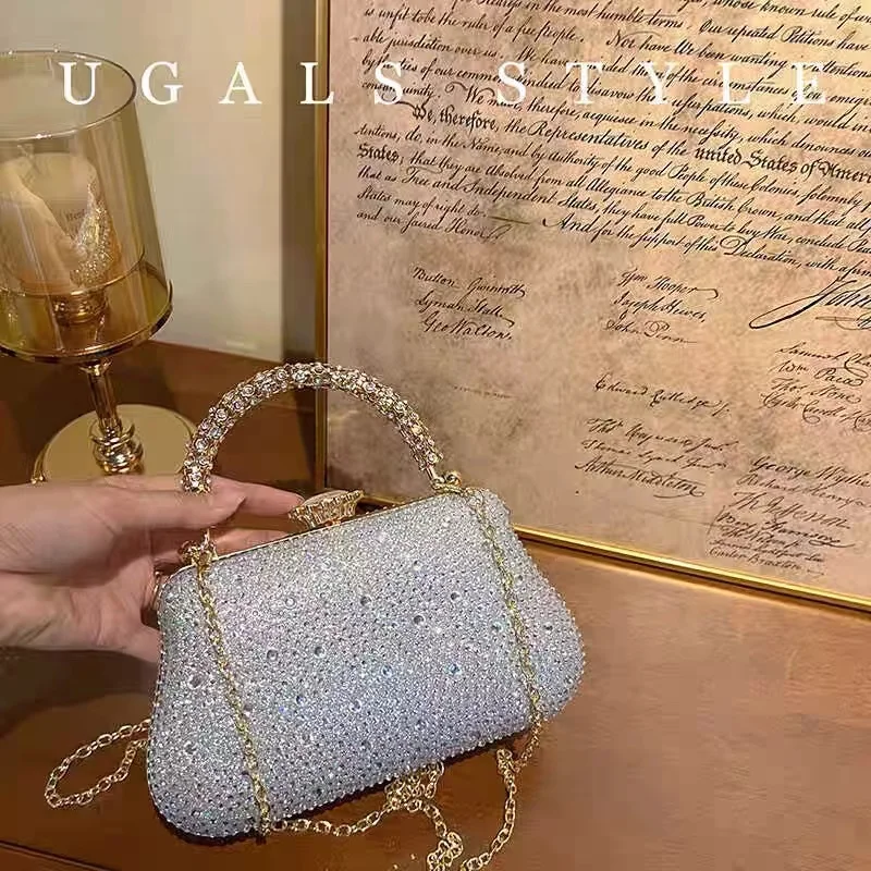 Borsa da donna di lusso con manico in metallo glitterato Borsa da sera con diamanti lucidi in cristallo Borsa da sera con pochette per festa di