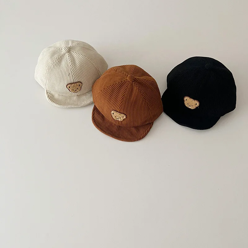 Autumn Children Retro Cartoon Bear Peaked Cap Boy Baby Patch Corduroy Hats Girl Infant Short Eaves Baseball Caps Kid Casual Hat