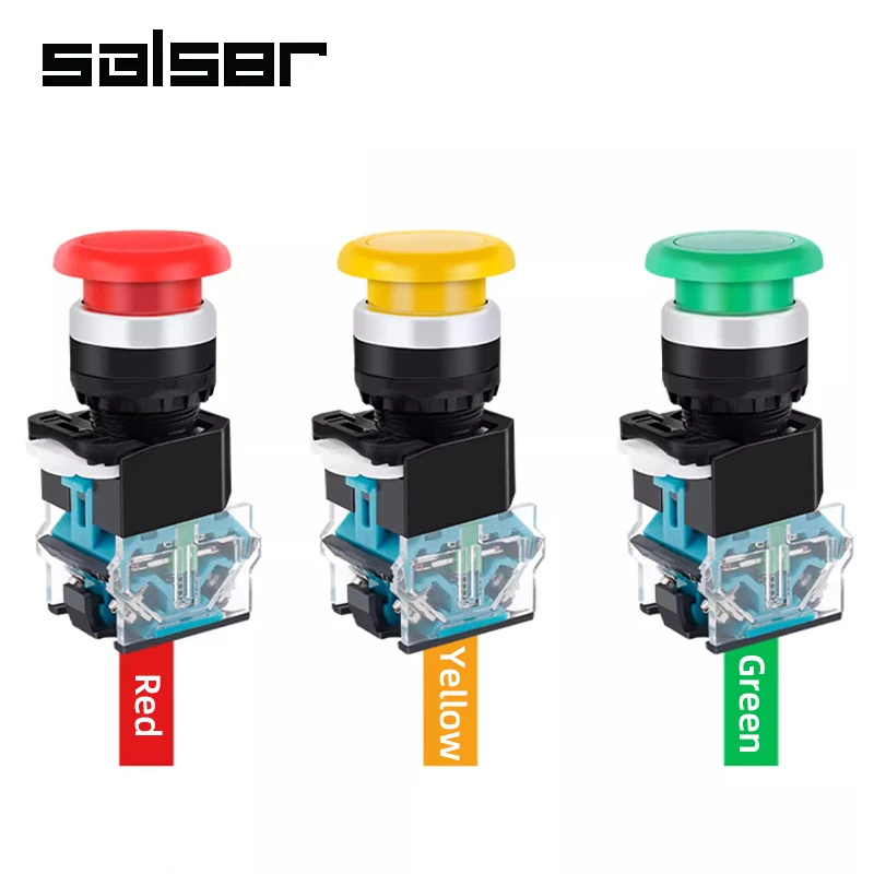 LA38-11M/MT الفطر رئيس افتتاح 22 مللي متر إعادة تعيين لحظة مفتاح بـزر دفع 10A بدء وقف أحمر أصفر أخضر 1NO1NC