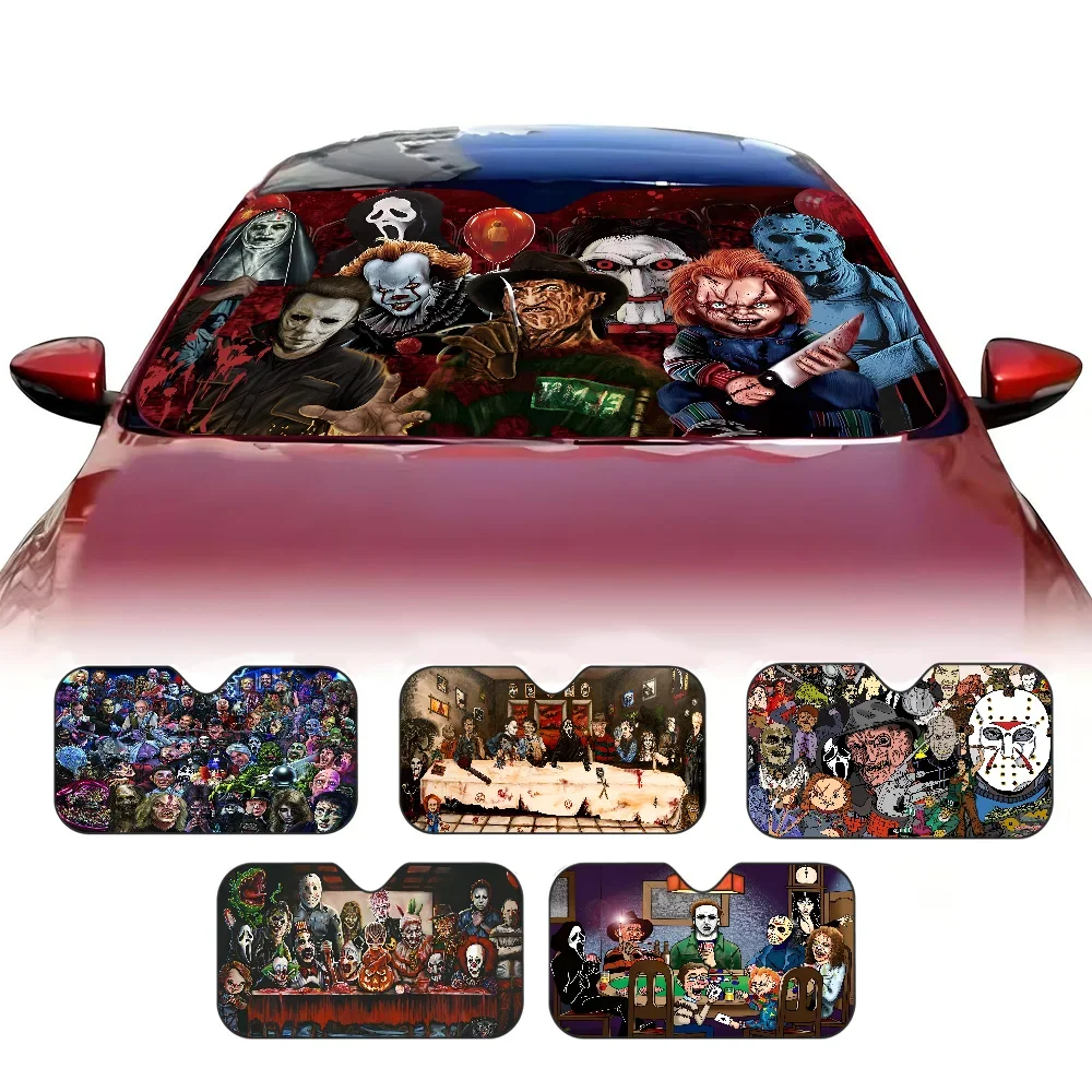 

Horror Movie Character Chucky Saw Foldable Front Windshield Sunshade 70x130cm Anime Cartoon Foils Car Sun Visor Shade Protect
