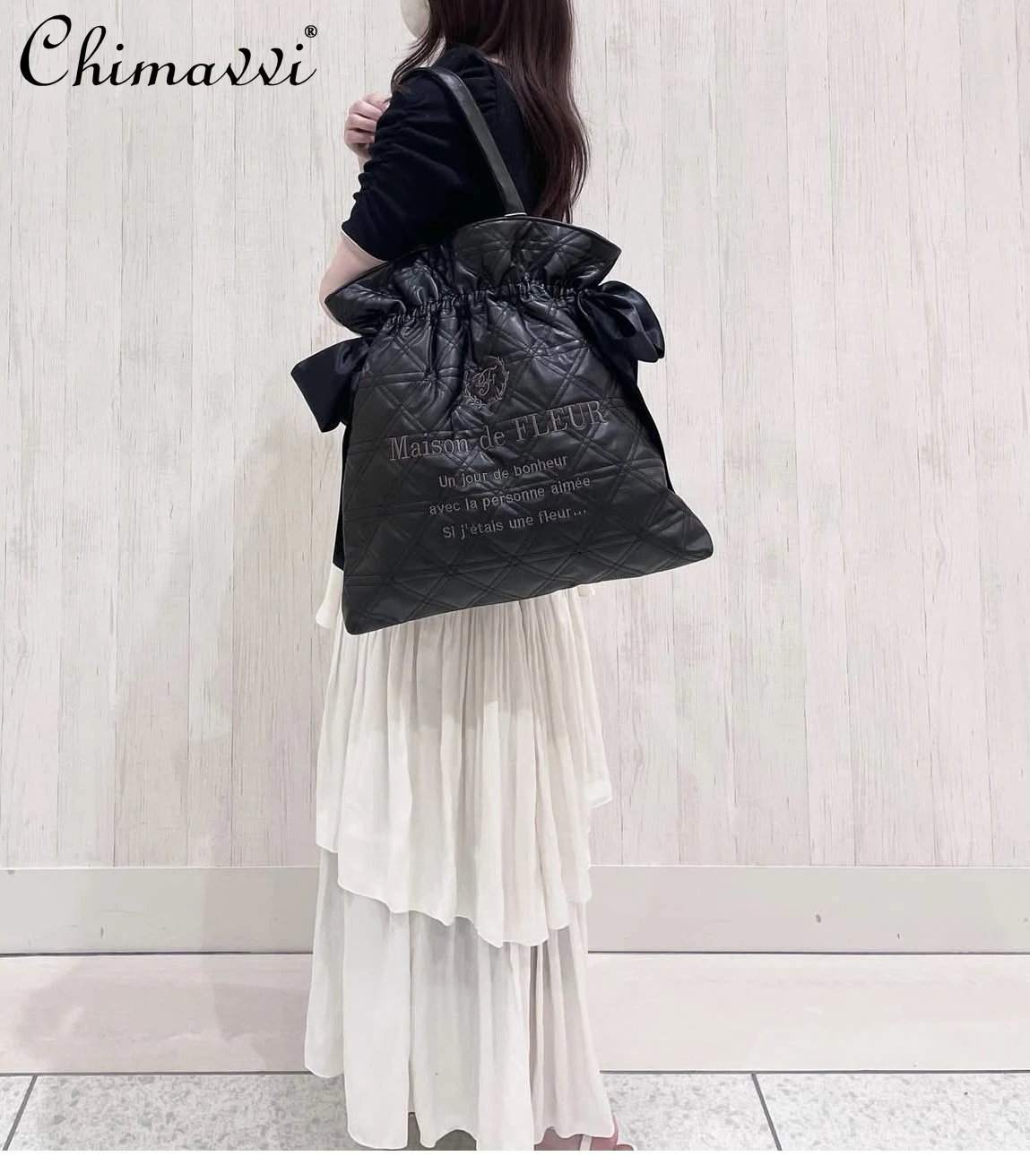 Japanese New Sweet Girl Big Shoulder Bag Cute Fashion Double Bow Rhombus Pu Embroidery Commuter General Computer Handbag