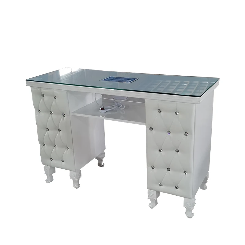 Luxury Wood Frame Glass Top Single Manicure Table Desk Modern Art Salon Furniture Nail Technician Table with Dust Collector