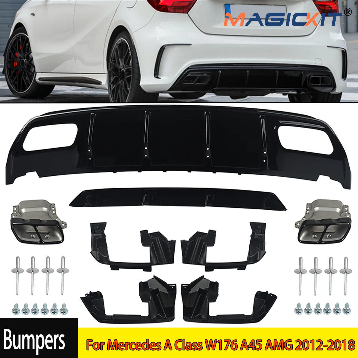 Free Shipping for Mercedes A Class 12-18 W176 A45 AMG Style Rear Bumper Diffuser &Exhaust Tips A45 Rear Spoiler