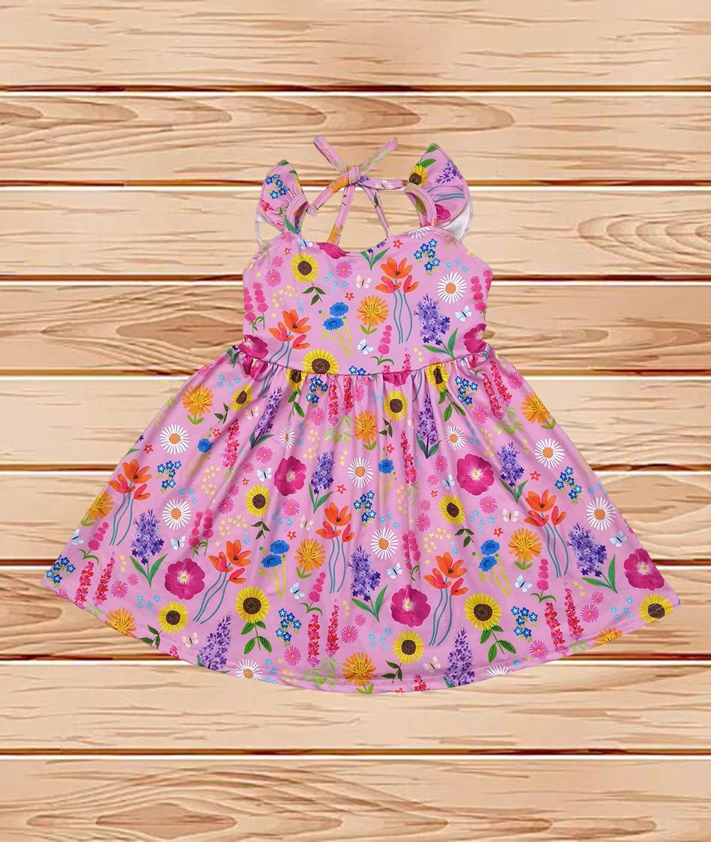 

4.15 Wholesale Western Boutique children clothing Baby Girls Pink Floral Backless Bow Knee Length Dresses