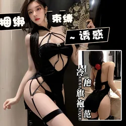 Sexy porn Lingerie, Pure and lustful alluring one-piece halter neck see-through high-slit innocent cheongsam uniform suit.