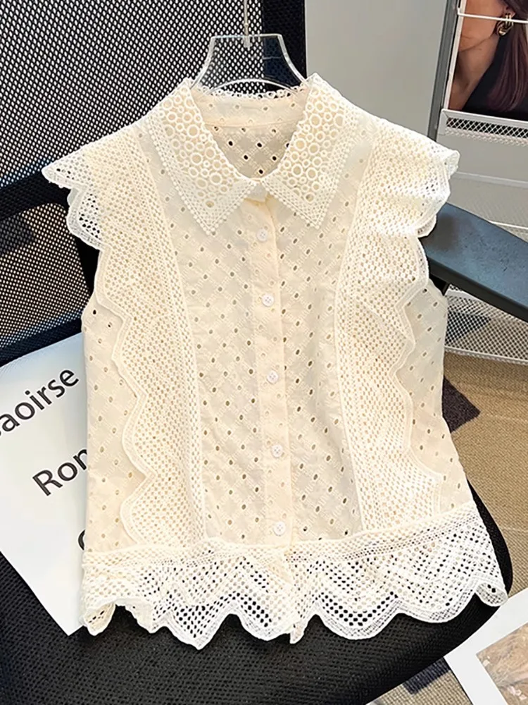 

Ele Lace Splice Hollow out Flng Sve irt Women's Summer Design Sense irt Casual Chic Top for Busin Commute