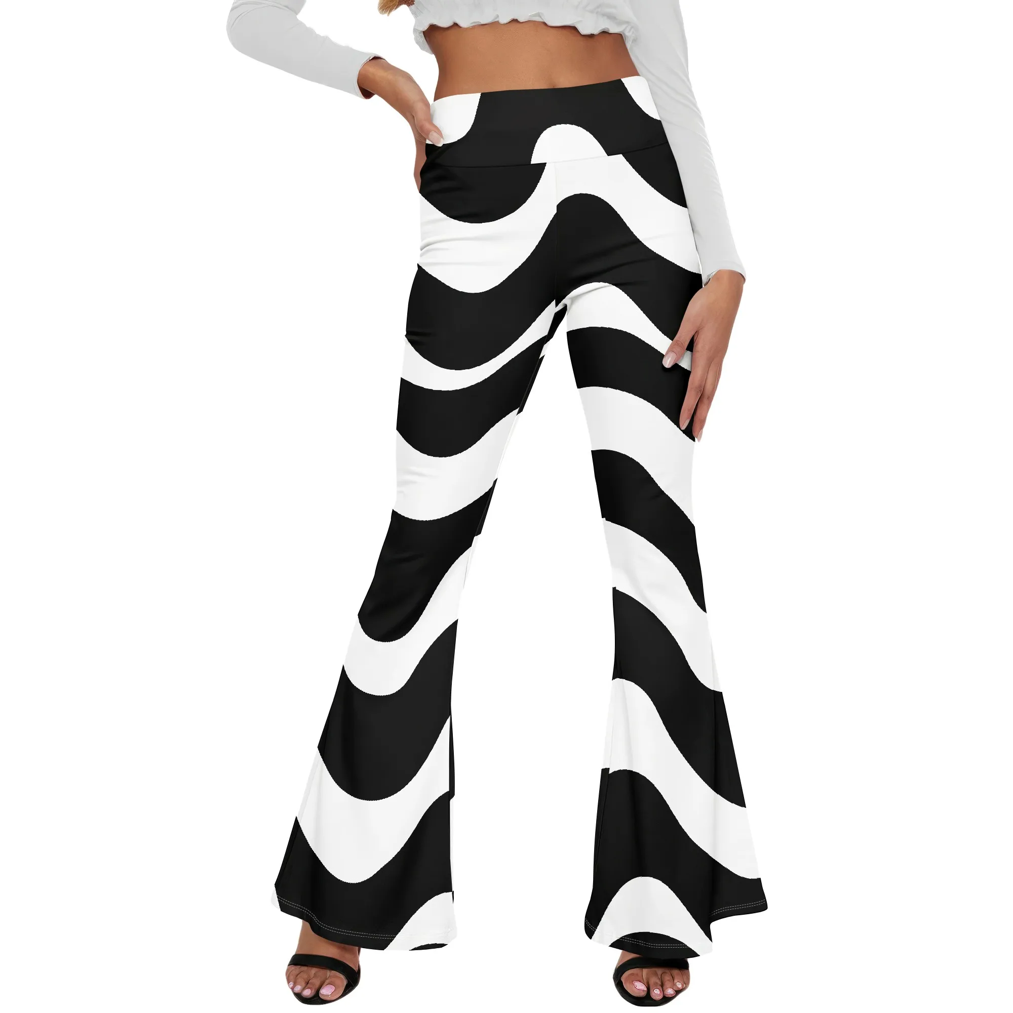 Black White Wavy Print Wide Leg Pants, Graphic Lounge Trousers, High Waist Flowy Bottoms, Matching Set Bottom for Women, S-2XL