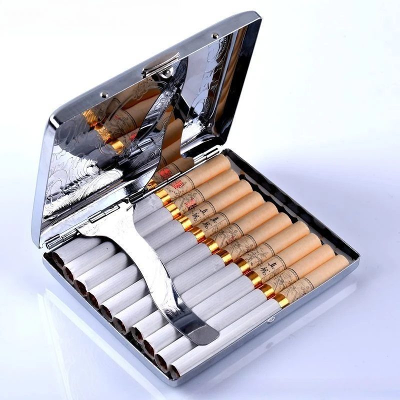 1pcs Silver Portable Metal Cigarette Case for 20 Cigarettes Flip Open Cigarette Storage Box Holder Travel Outdoor Smoking Tools