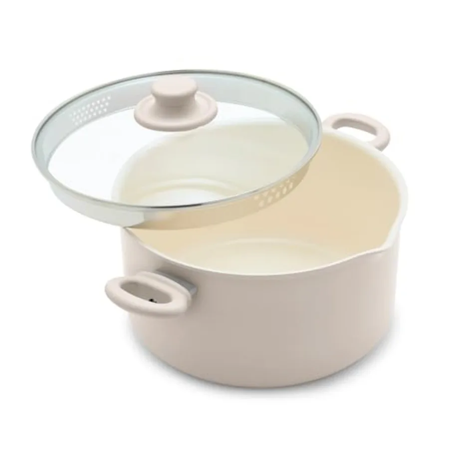 

Керамическая кастрюля 6QT с антипригарным покрытием и стеклянной крышкой-дуршлагом, без ПФАС, можно мыть в посудомоечной машине, с охлаждающимися ручками, безопасна для духовки до 350F, устойчивая к раскачиванию