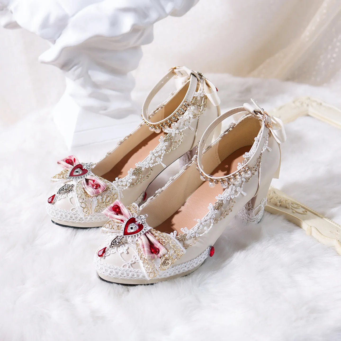 Gothic Lolita High Heels Black Red Bow Beaded Platform Shoes Sweet Princess Style Women's Cosplay Party Pumps