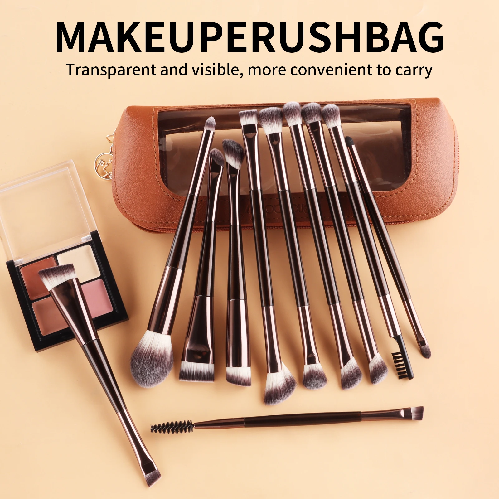 11Pcs Professional Makeup Brush Set With Transparent Storage Bag For Foundation Powder Eyeshadow Eyebrow Travel Cosmetic Tools