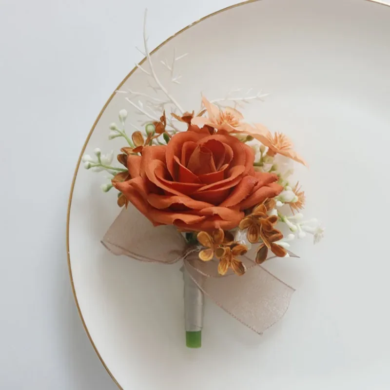 Orange künstliche Rosenblüten im Knopfloch für Bräutigam, Hochzeit, Brautjungfer, Hochzeitsaccessoires