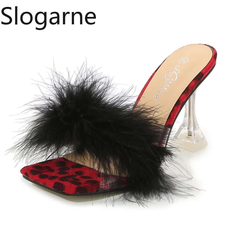 

Women 2025 Fashion Faux Fur Slippers Woman Crystal High Heel Sandals Ladies Summer Peep Toe Shoes Fur Pumps Crystal Spike Slides