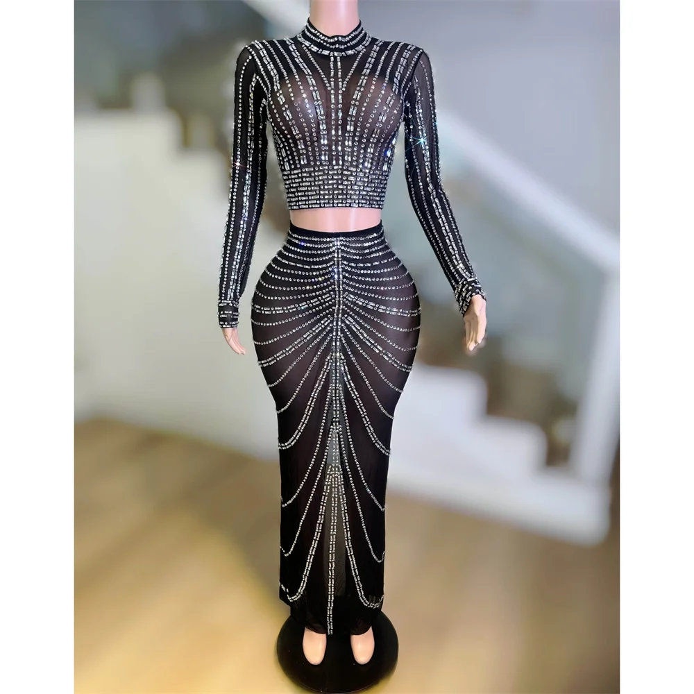 Haut court en maille noire avec strass transparents, jupe longue, tenue pour femmes, fête d'anniversaire, discothèque, Bar, ensemble 2 pièces, Costume de scène