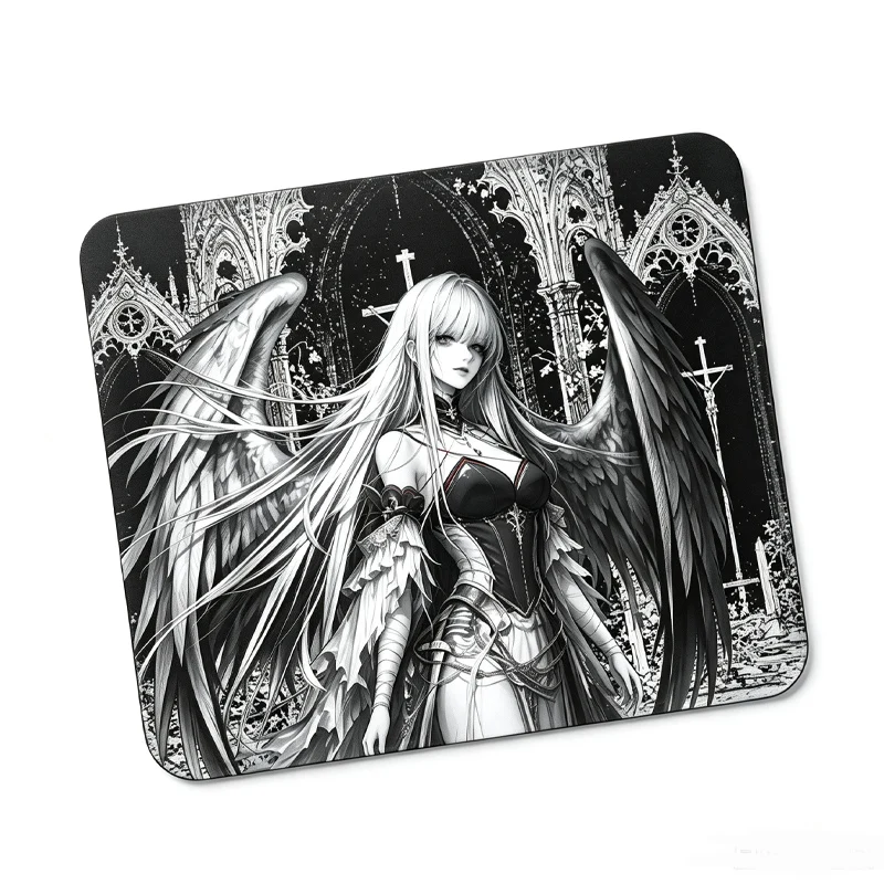 Gothic Dark Anime Angel Glass Mouse Pad Game Pad Smooth Frosted Surface Waterproof Desk Tempered Large Multiple Size Optional