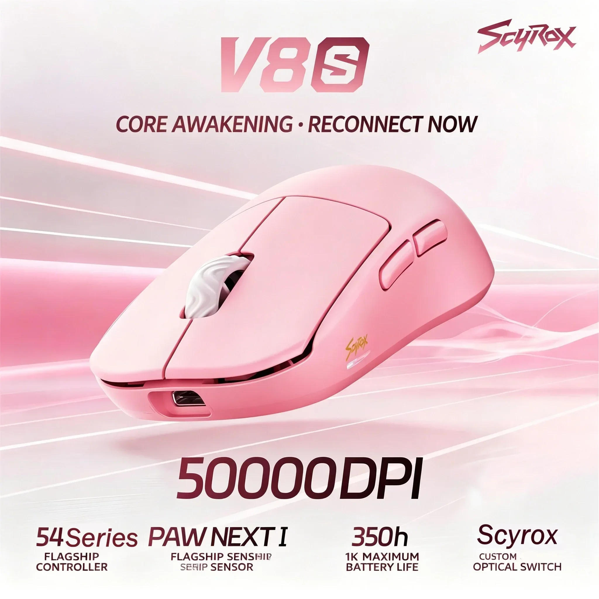 SCYROX V8/V8S Wireless Gaming Mouse PAW NEXTI 50000DPI 880IPS 0.125ms Latency 8K 0.4uA 8T8R Anti-Interference 128MHz Lightweight