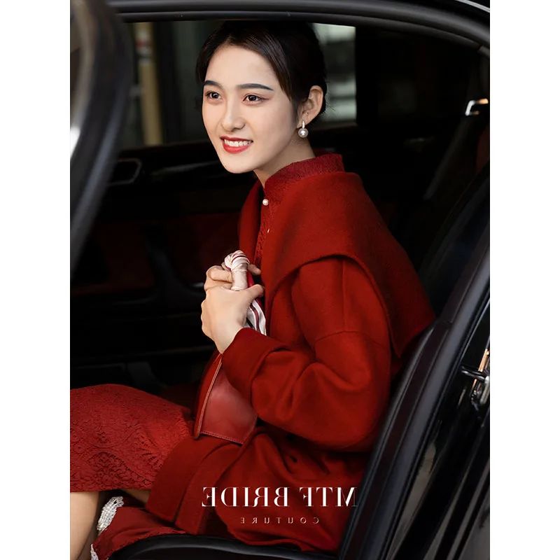 Ele manteau en laine Double face col bleu marine mariage Dr pour ort femmes automne hiver rouge vêtements d'extérieur dame coupe droite