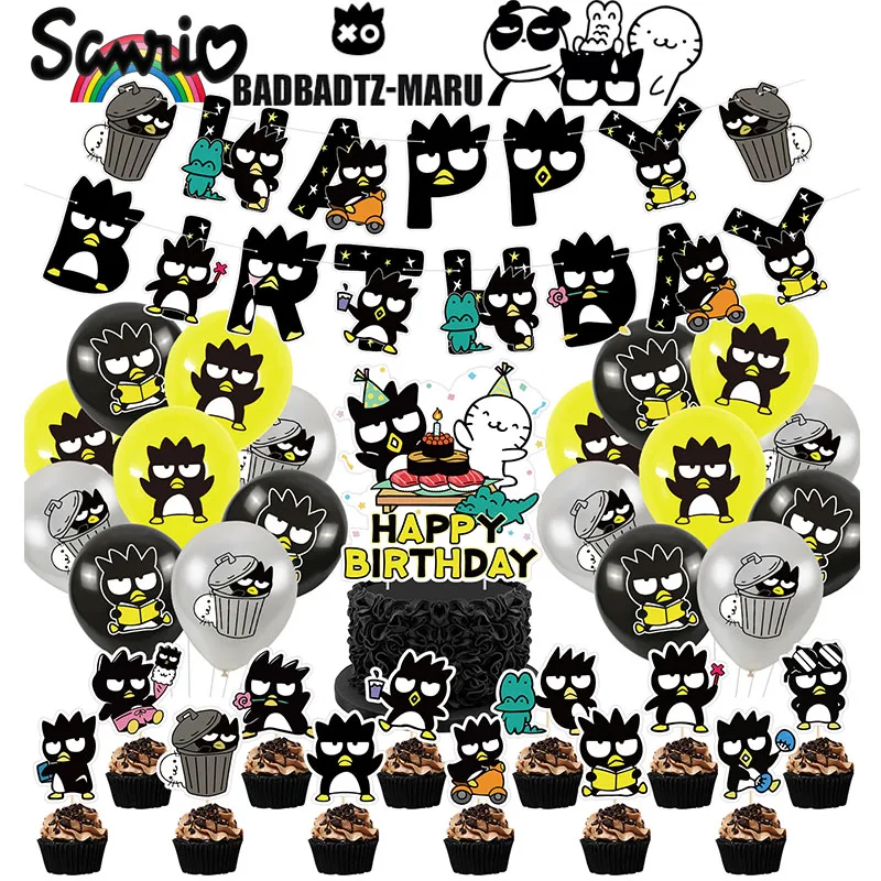 Sanrio-Decoración de fiesta de cumpleaños con temática de BADTZ-MARU, banderines de imagen de figura de acción de Anime, adorno de pastel desechable para niños, utilería para Baby Shower