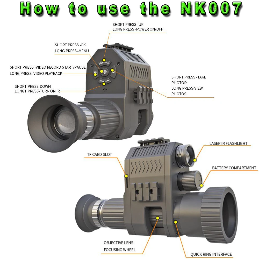 Imagem -03 - Monocular Visão Noturna com Carregador de Bateria Recarregável Filmadora Infravermelha Vários Idiomas Nk007 1080p 200400m