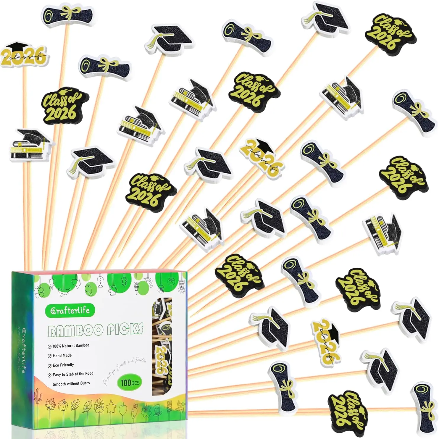 

100 Graduation Cocktail Picks Class of 2026 Toothpicks with Topper for Appetizers Charcuterie Party Decorations